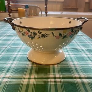 Vintage Rustic Enamel Colander on Steel Ivory Brass Handle W/ Floral Print 3 Qt
